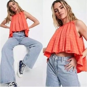 NWT Free People Festival Boho Flowy High Low Raw Hem Swing Tank Top Tie Back S